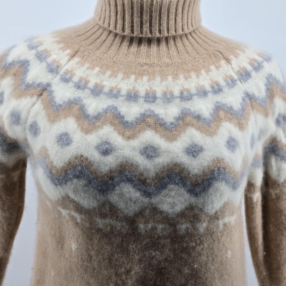Antonio Melani Sweater Pullover Womens M Beige 100%Cashmere Turtleneck Fair Isle - Picture 2 of 11